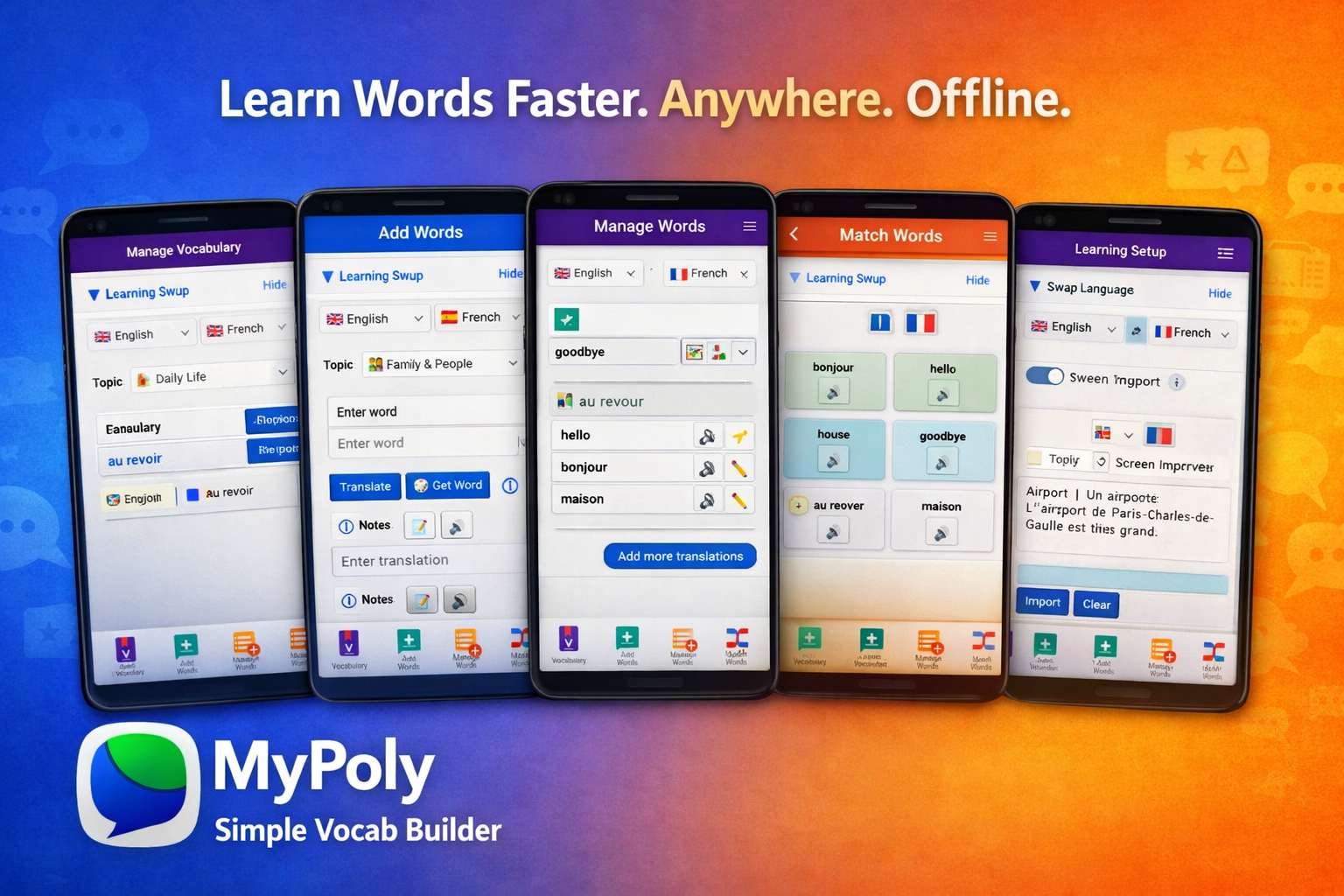 MyPoly app screenshots — vocabulary exercises, word matching, and language selection